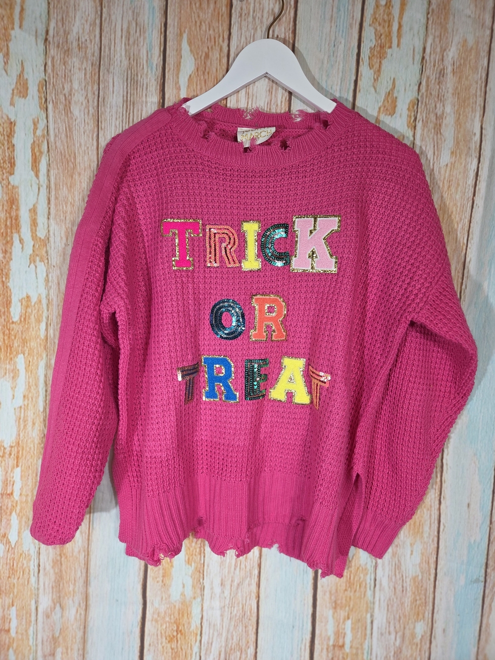 Judith March Hot Pink 'Trick or Treat' Waffle Knit Sweater. Size Small Halloween